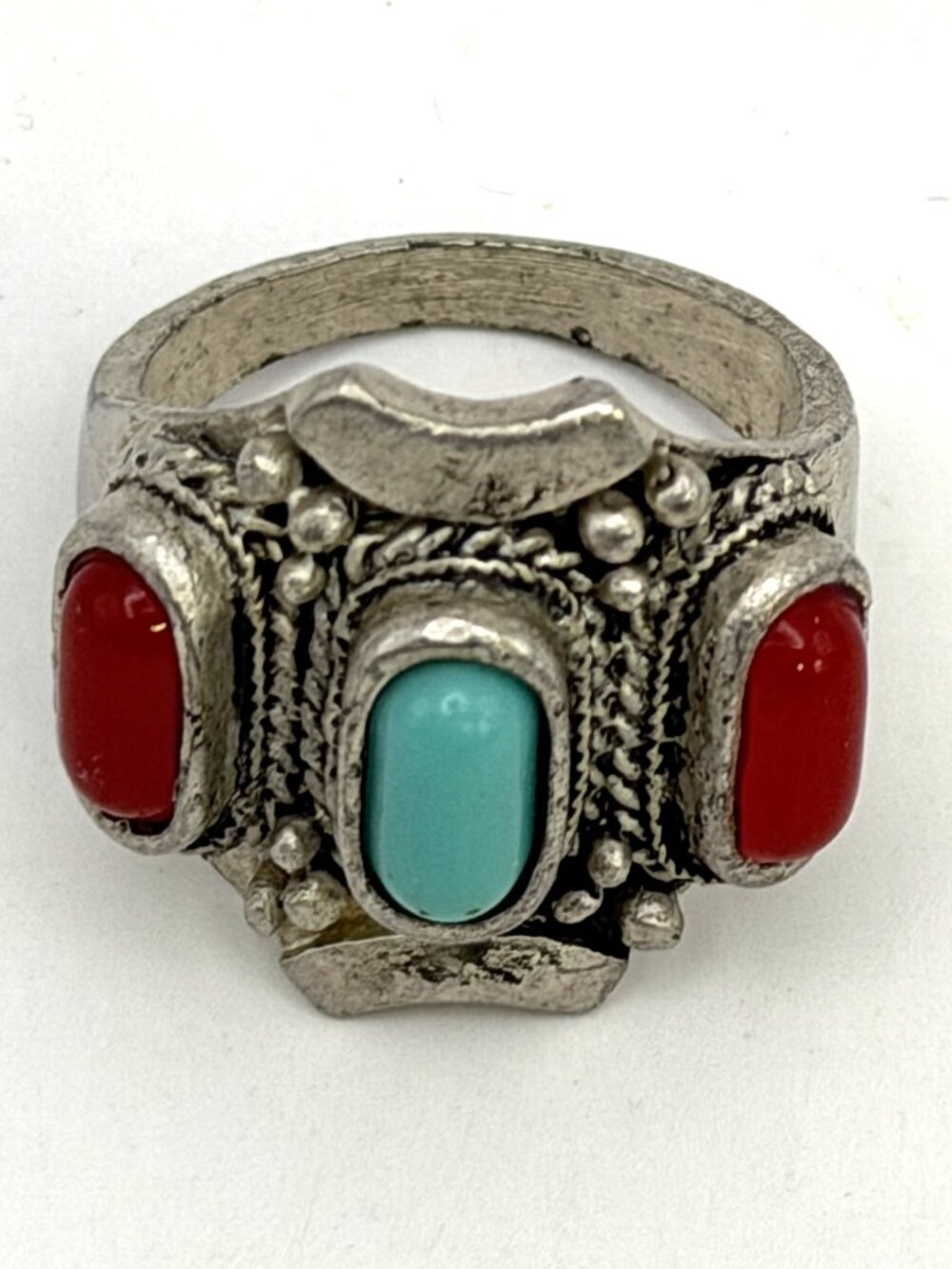 Vintage Tibetan Style Ring Red Blue Cabochon Cast Silver Tone Boho Size 7